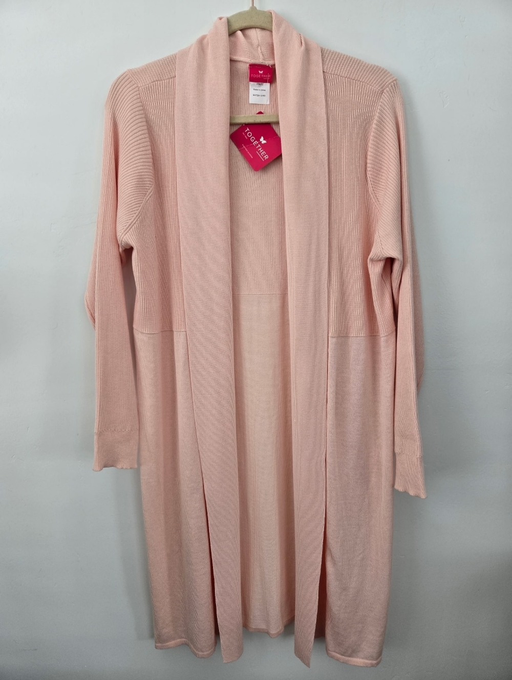 Together long-sleeve open shawl knit cardigan duster. Peach Blush Pink. Size 12.